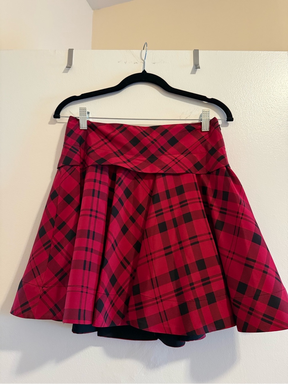 DKNY Silk Red and Black Plaid Circle Skirt
